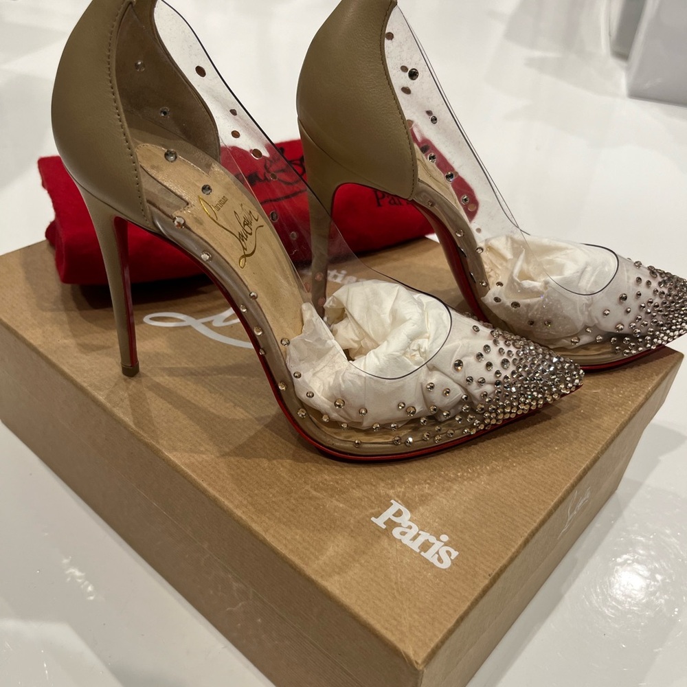 Christian Louboutin Degrastrass Tan and Clear Studded Heels 35.5